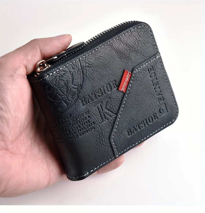 Black men's PU leather wallet with zipper, coin pocket, and card slots, featuring a sleek, compact design for everyday use.
