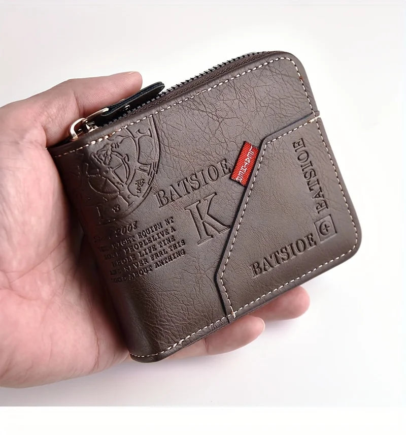 Black men's PU leather wallet with coin pocket, card slots, and zipper closure, designed by Corporación Turística.