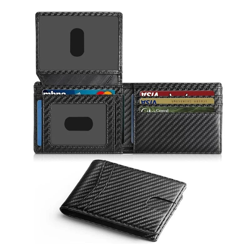 RFID ultrafina men's leather wallet with carbon fiber design, multiple card slots, by Corporación Turística.