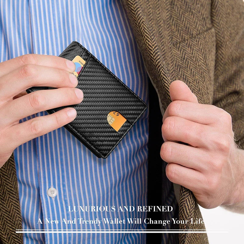 RFID leather men's wallet with ultra-fine carbon fiber design, multiple card slots, offering secure and stylish card storage.