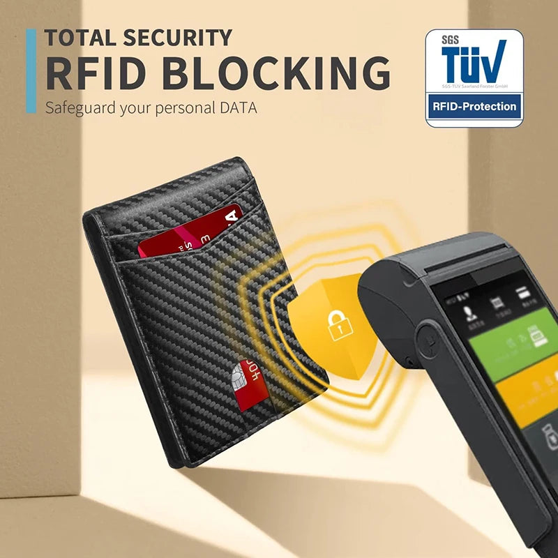 RFID leather ultrathin men's wallet with carbon fiber finish and ID window, designed for secure card storage and sleek style.