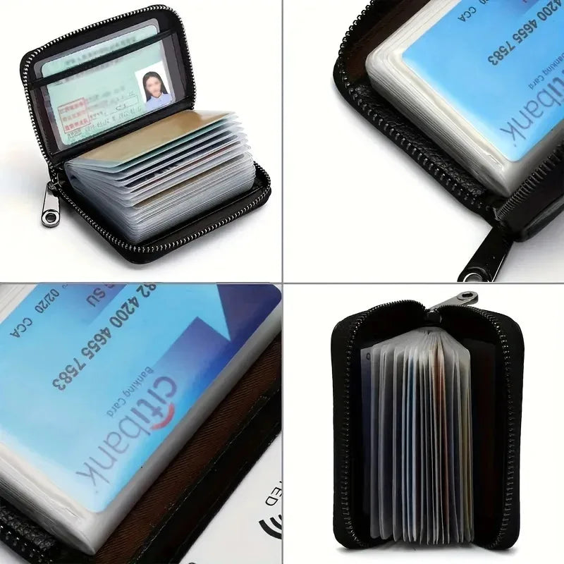 Black unisex RFID wallet with zipper, compact card holder from Corporación Turística, featuring multiple card slots and sleek design.