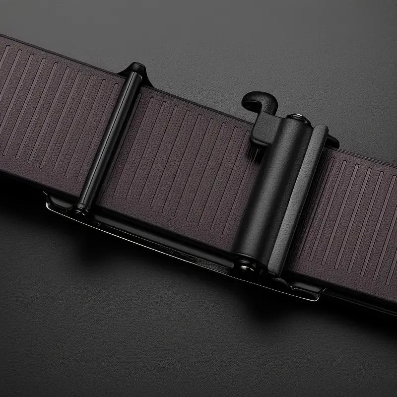 Automatic men's leather PU belt with sliding buckle, ideal for fashion and business, in black with gold-tone hardware.