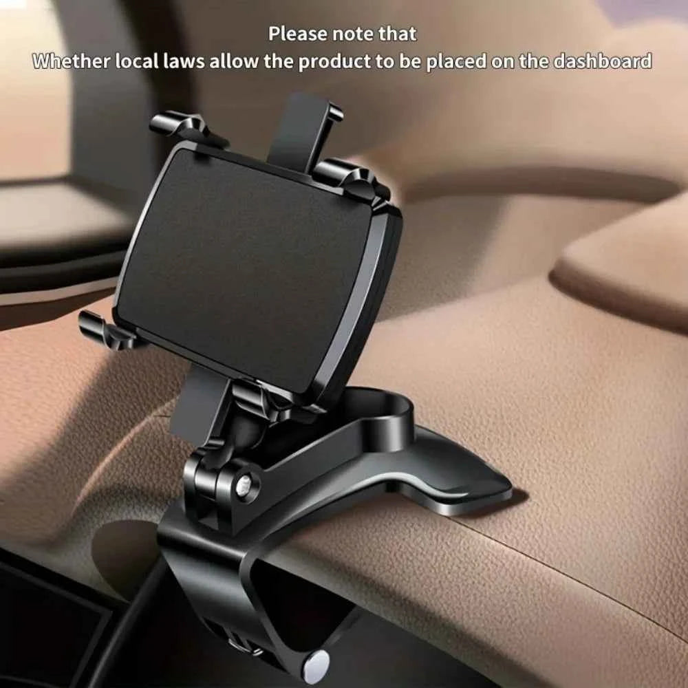 Black car dashboard phone holder by Corporación Turística, 360° rotation, secure grip for safe, comfortable driving.