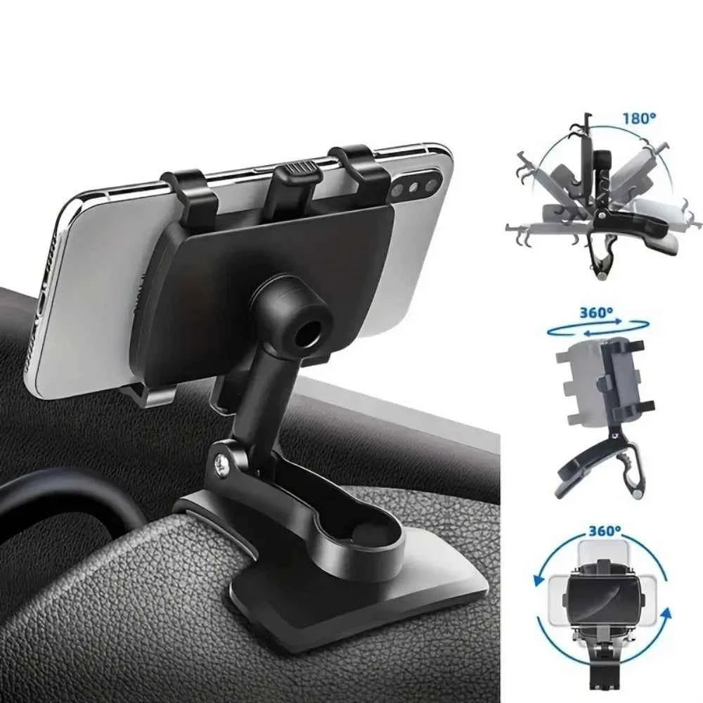 Black car dashboard phone holder by Corporación Turística, 360° rotation, secure for safe, comfortable travels.