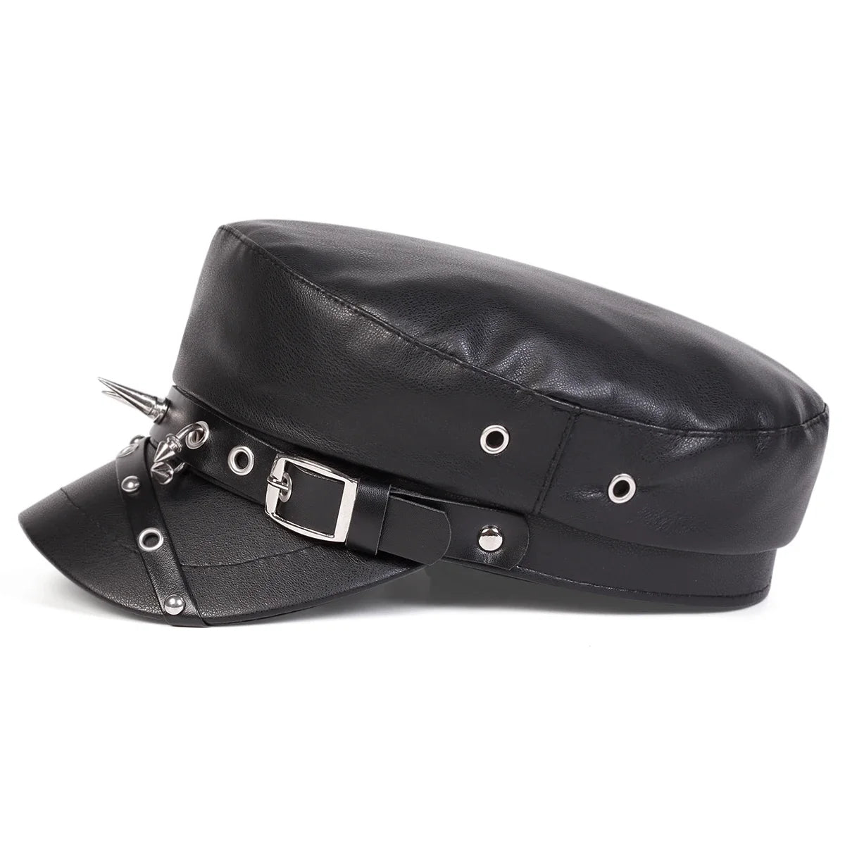 Black leather sailor cap for unisex, military-inspired boina captain hat, suitable for spring and autumn weather.