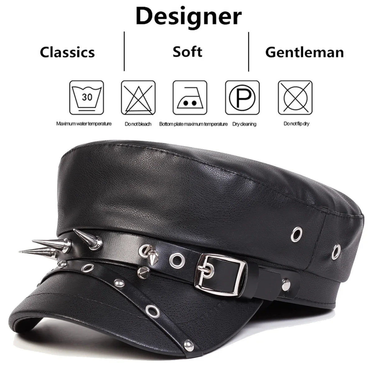 Unisex black leather sailor cap with military-style design, perfect for spring and autumn, featuring a classic boina style.