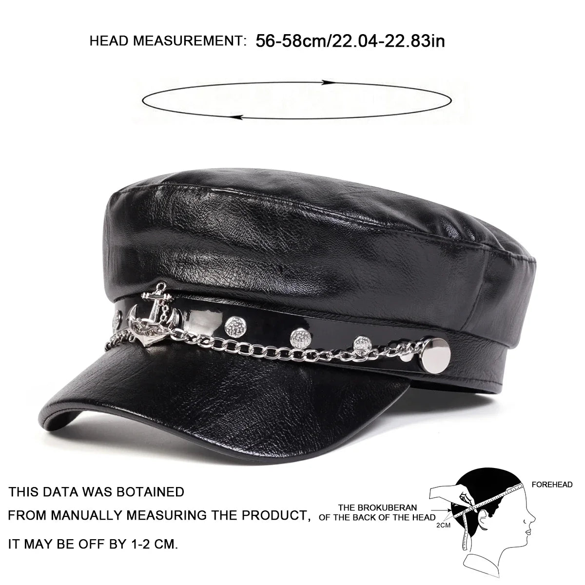 Black leather unisex captain military beret with anchor buckle, suitable for spring and autumn fashion accessories.