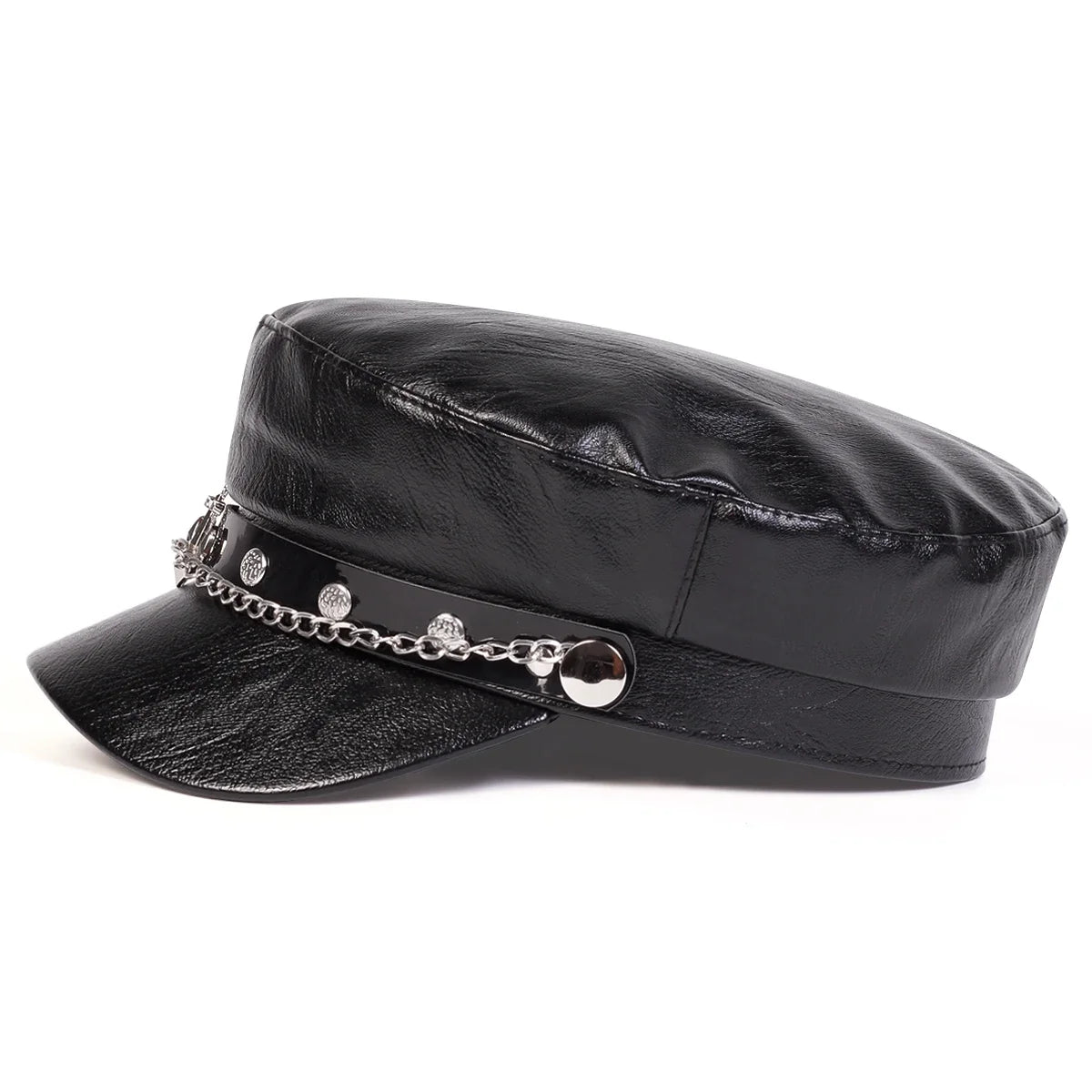 Black leather unisex military captain boina with anchor buckle, suitable for spring and fall, by Corporación Turística.
