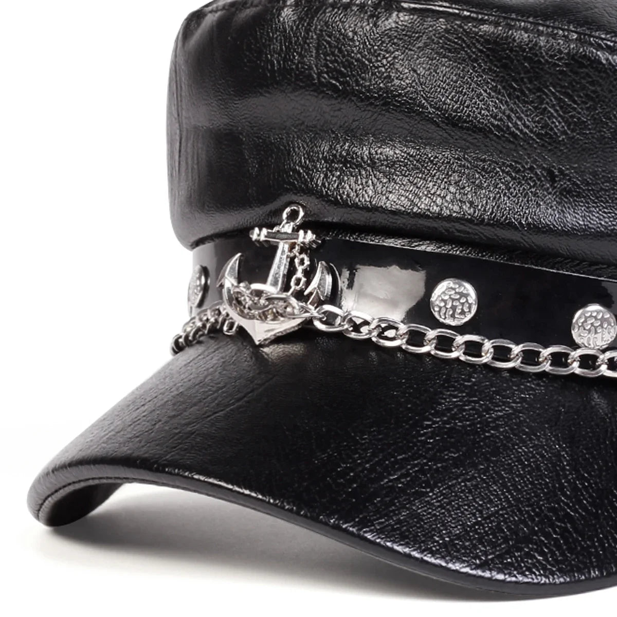 Black leather unisex captain military beret with anchor buckle, suitable for spring and autumn, by Corporación Turística.