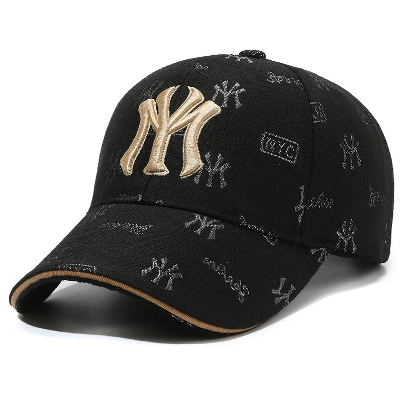 Khaki unisex baseball cap with embroidered MY letter design, adjustable strap, perfect for spring and fall casual wear.