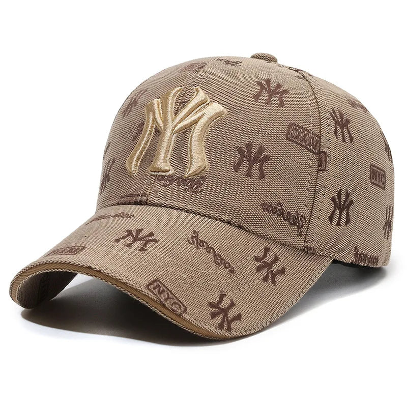 Unisex khaki baseball cap with embroidered MY letter, adjustable strap, suitable for spring and fall, from Corporación Turística.