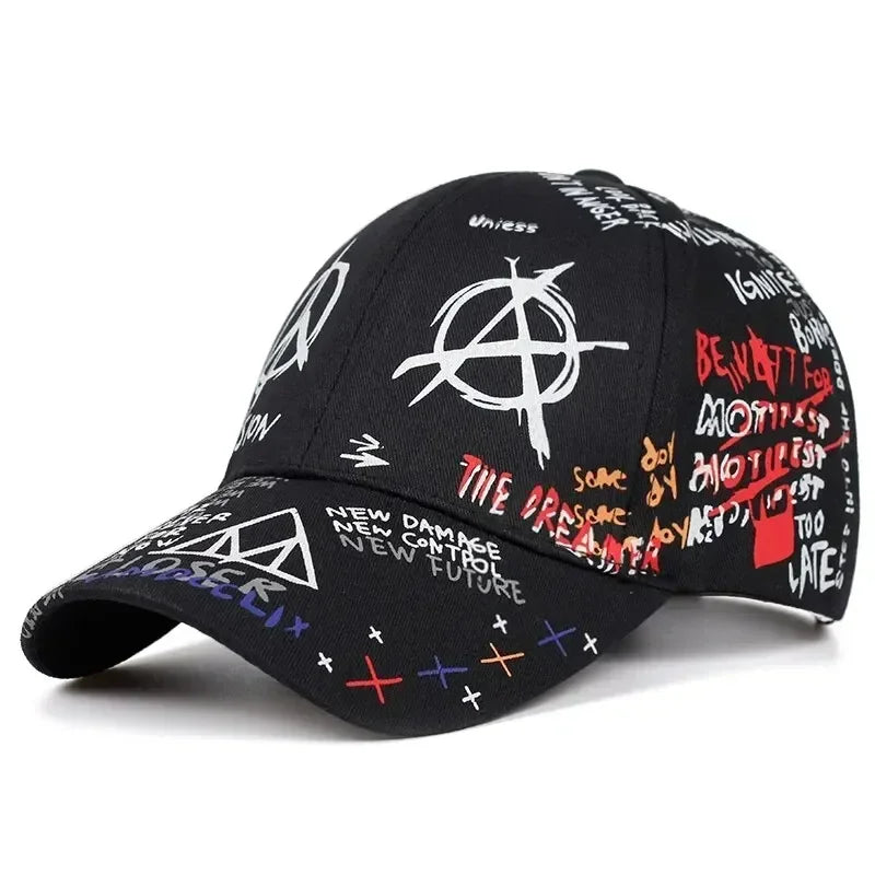 Colorful graffiti unisex baseball cap by Corporación Turística, adjustable, casual sun hat for spring and fall.