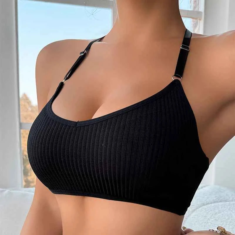 Black women's sexy ribbed lingerie bra from Corporación Turística, featuring a fitted, stylish design.