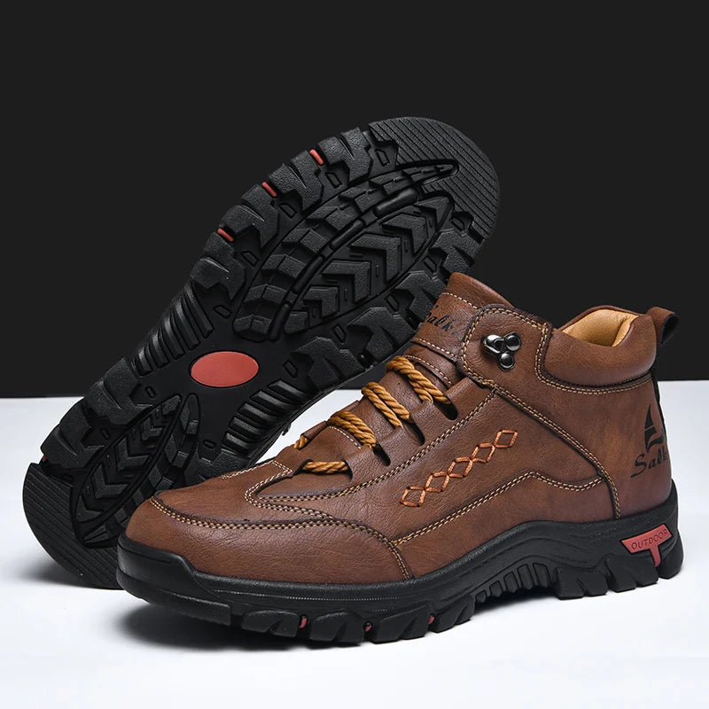 Yellow men's high fashion boots with round toes from Corporación Turística, featuring a sleek, stylish design and sturdy heel.