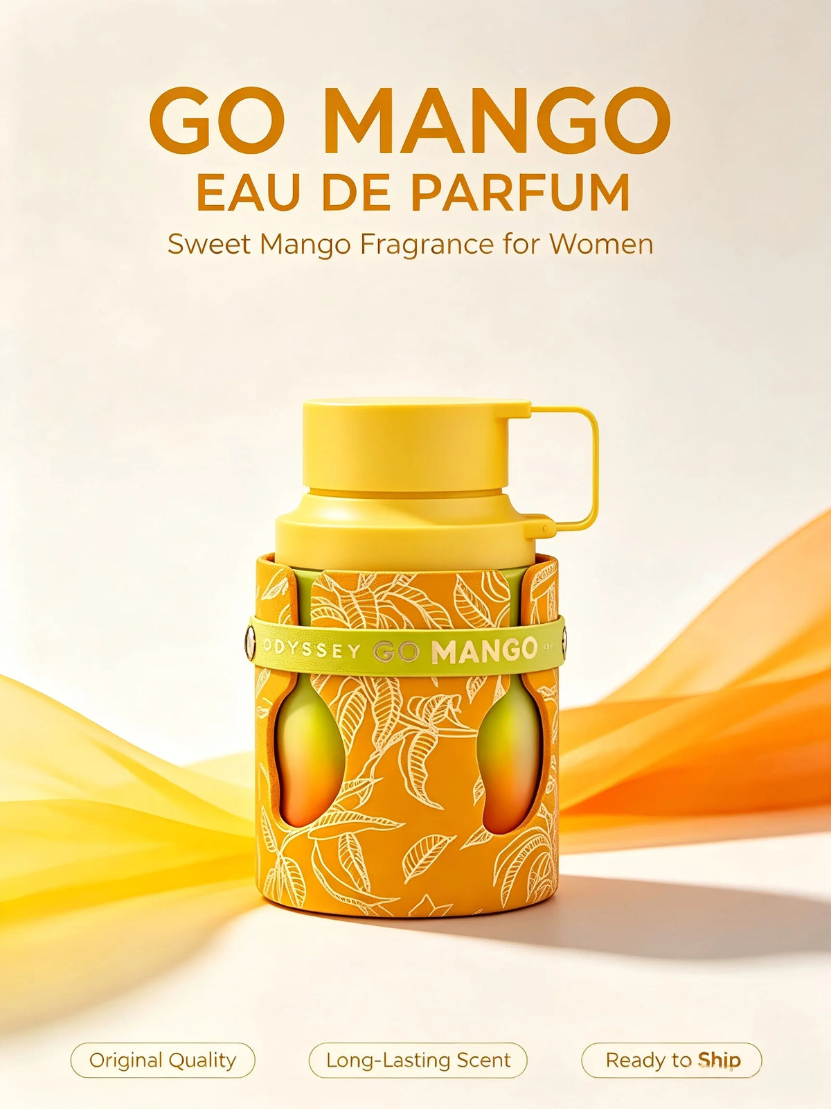 Armaf Odyssey Go Mango Tropical Collection Eau de Parfum bottle with vibrant yellow design, tropical scent, and elegant packaging.