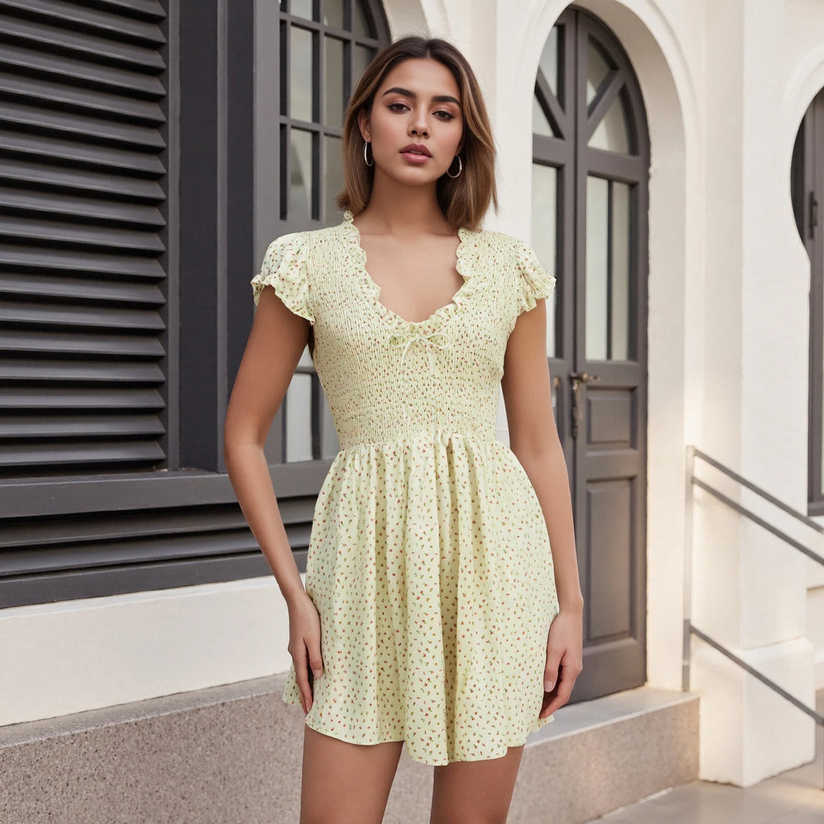 Yellow plaid summer romper for women, lightweight mini dress by Corporación Turística, casual and stylish summer fashion.