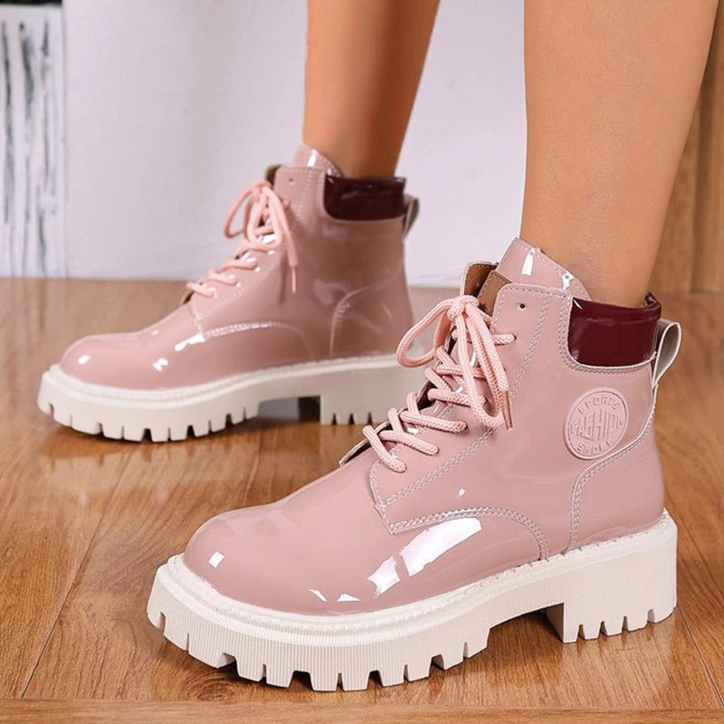 Apricot women's patent leather lace-up boots with pointed toes, stylish footwear by Corporación Turística.