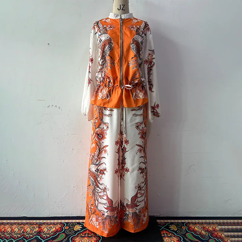 Two-piece women's outfit by Corporación Turística featuring printed pants and a matching top, shown in apricot color.