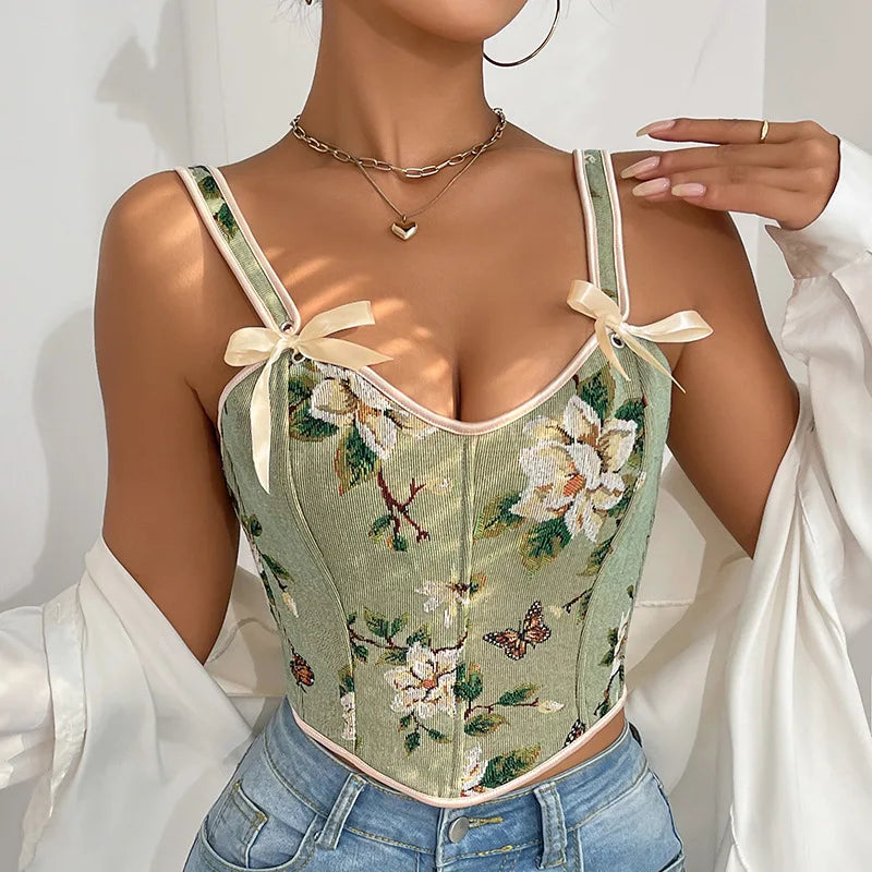 Sexy floral print lingerie top from Corporación Turística with retro style, featuring vibrant French-inspired floral embroidery.