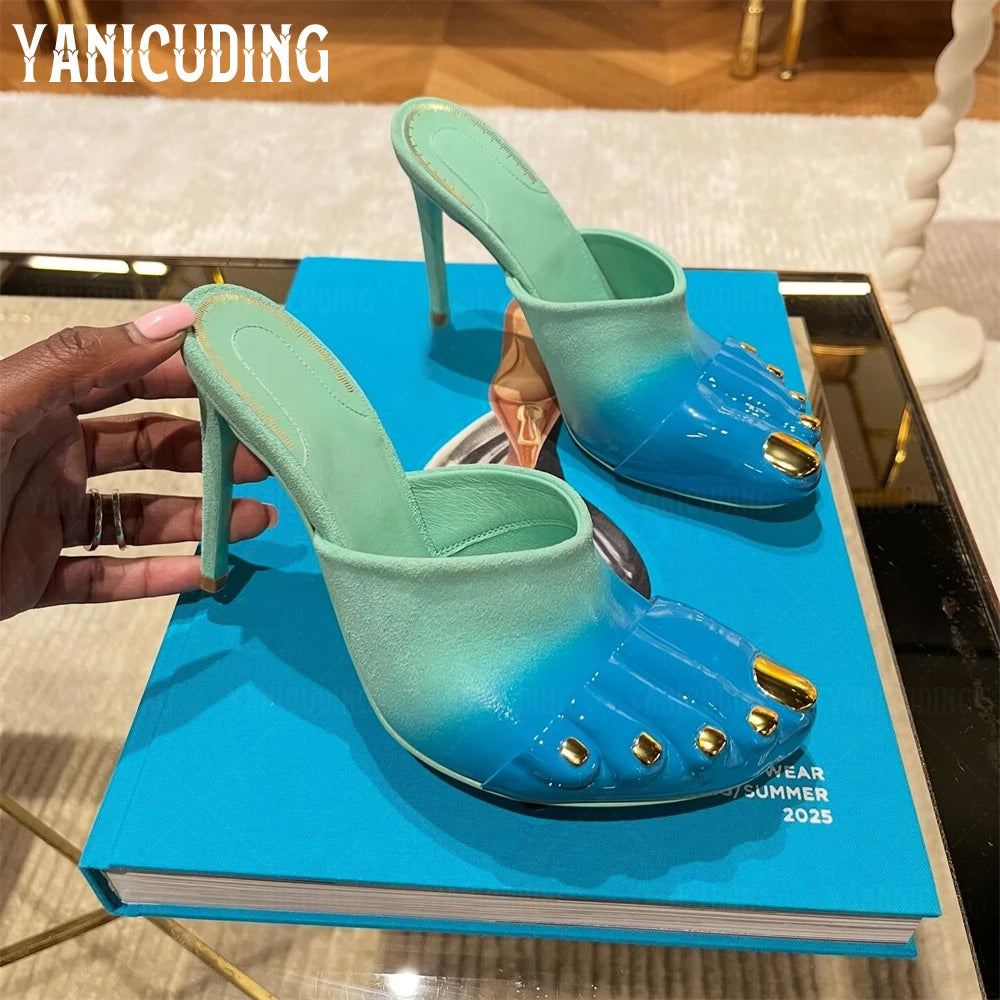 Turquoise gradient effect mule shoes made of suede by Corporación Turística, featuring painted design and stylish slip-on style.