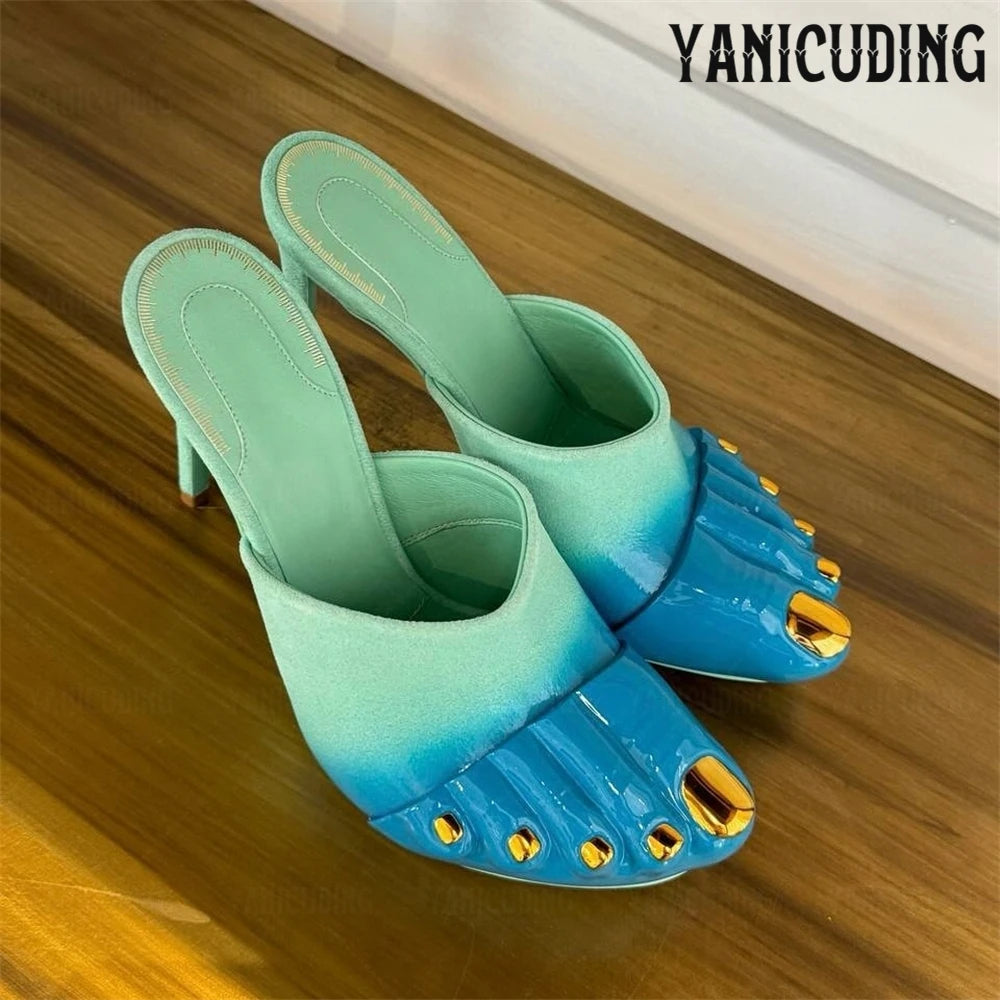 Turquoise gradient effect suede mules by Corporación Turística, painted design, stylish and comfortable footwear for women.