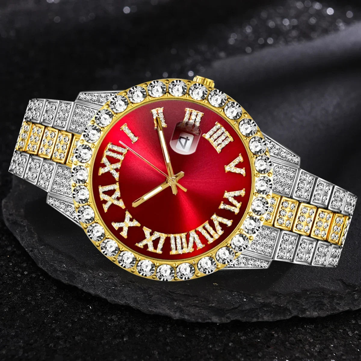 Blue sky quartz wristwatch with imitation diamonds and chronograph features, by Corporación Turística.