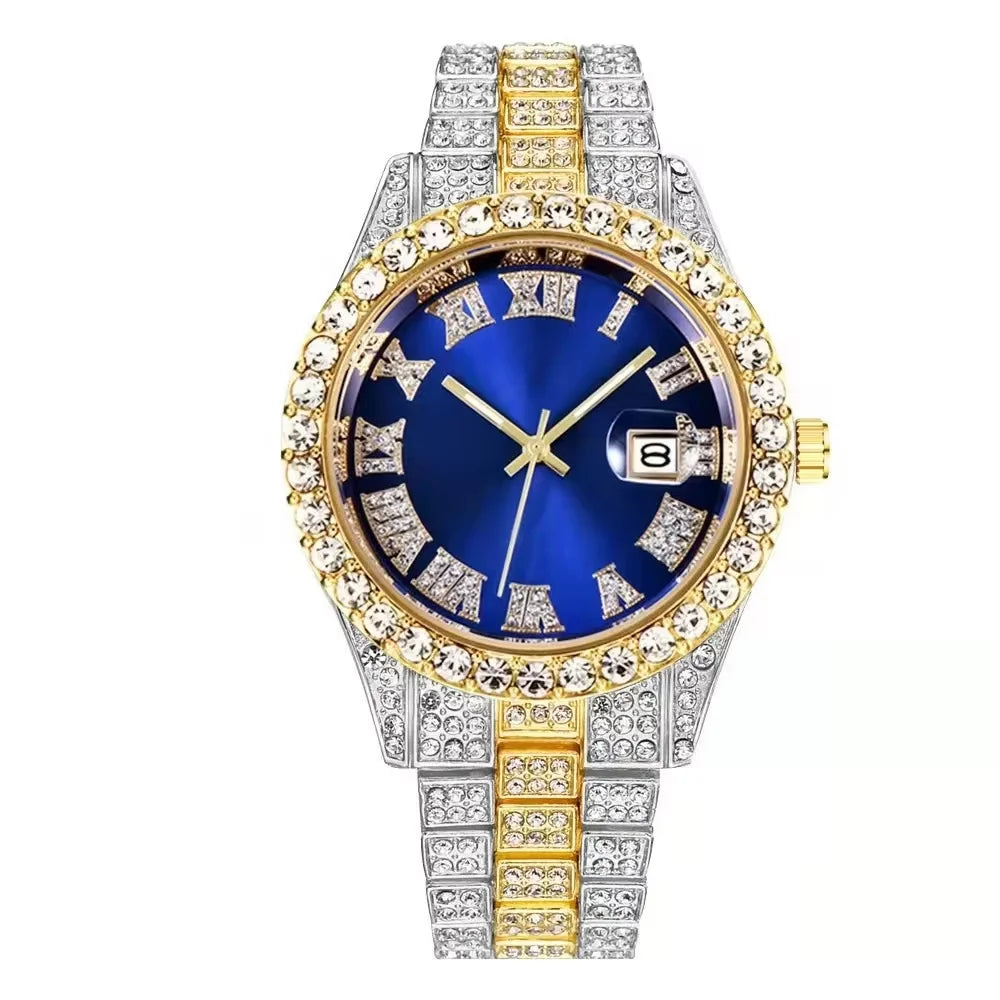 Blue sky dial quartz watch with imitation diamonds from Corporación Turística, featuring a classic design and elegant details.