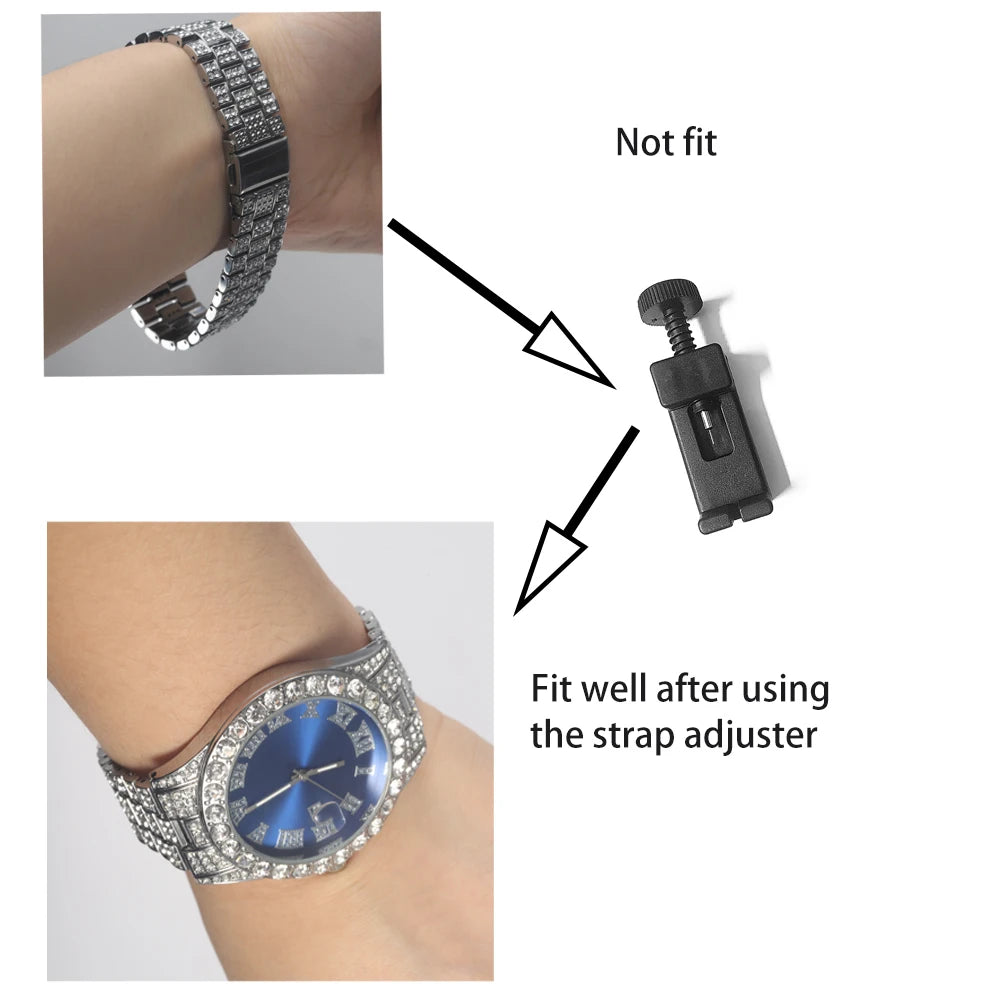 Silver men's watch set with diamond accents, featuring a sleek design and blue strap from Corporación Turística.