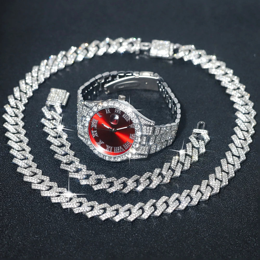 Silver men's watch set with diamond accents, featuring a stylish blue strap and elegant design by Corporación Turística.