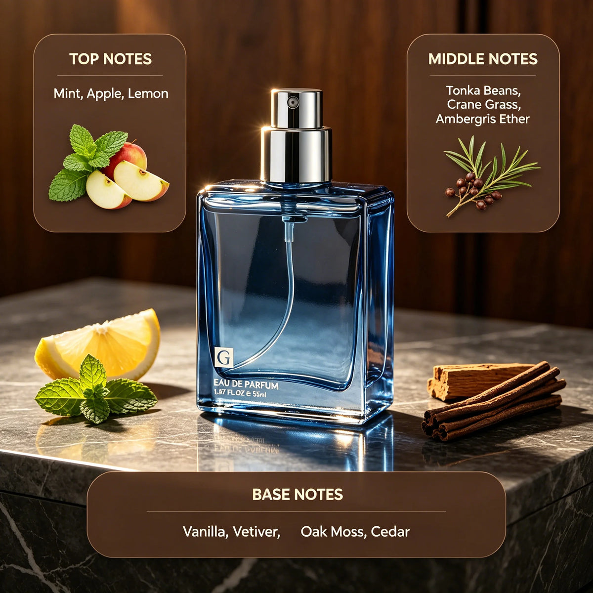 Eau de Parfum para Hombre de 55ml en spray, fresco y masculino, en botella azul de la marca Corporación Turística.