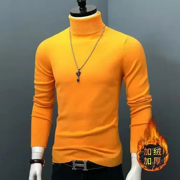 Blue thick and warm men's winter sweater from Corporación Turística, showing the cozy knit fabric and ribbed cuffs.