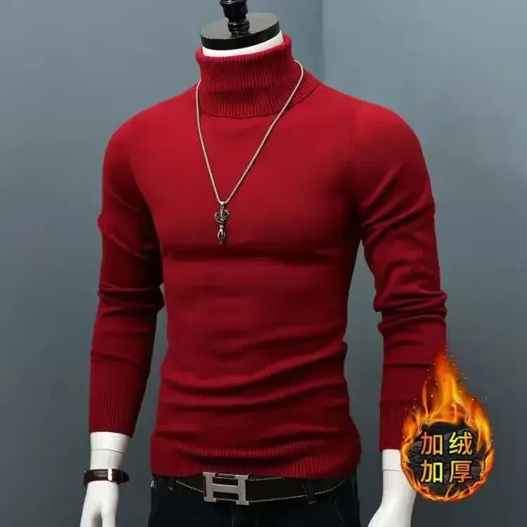 Blue thick and warm men's winter sweater by Corporación Turística, cozy knit with long sleeves and a high neckline.