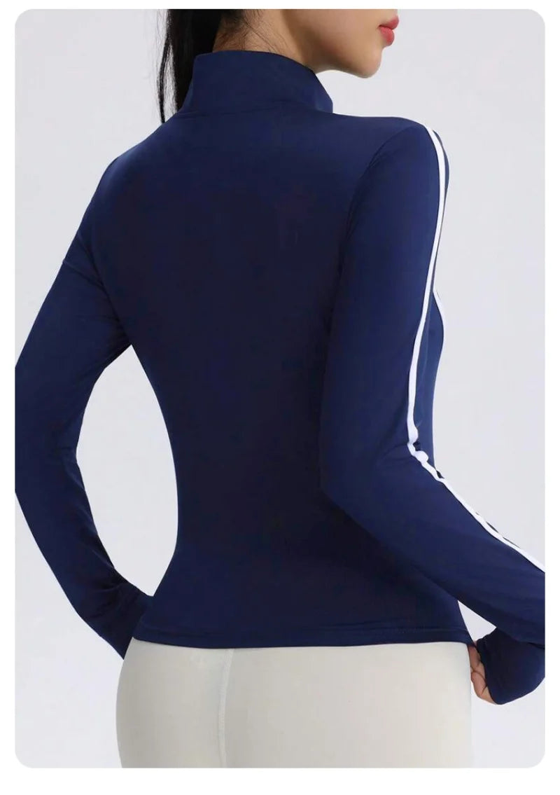 Marina blue women's yoga jacket from Corporación Turística with contrasting seam details, fitted style, and comfortable fabric.