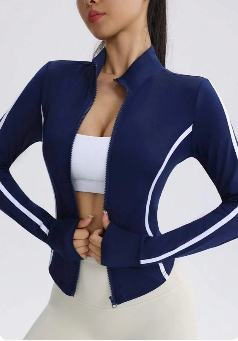 Blue navy yoga jacket for women with stitched details, made by Corporación Turística, shown on a plain background.