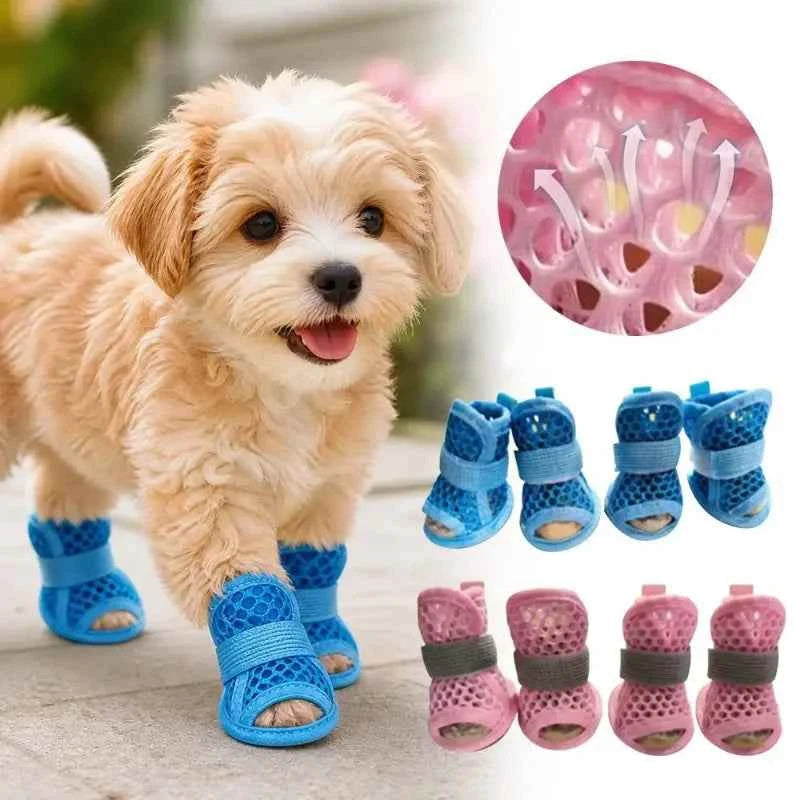 Set of four breathable mesh dog shoes in blue, designed for small dogs, from Corporación Turística, showing the shoes laid out on a surface.