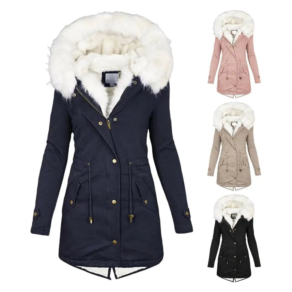 Blue women's thick cotton coat and wool jacket by Corporación Turística, front view showing cozy, warm winter outerwear.