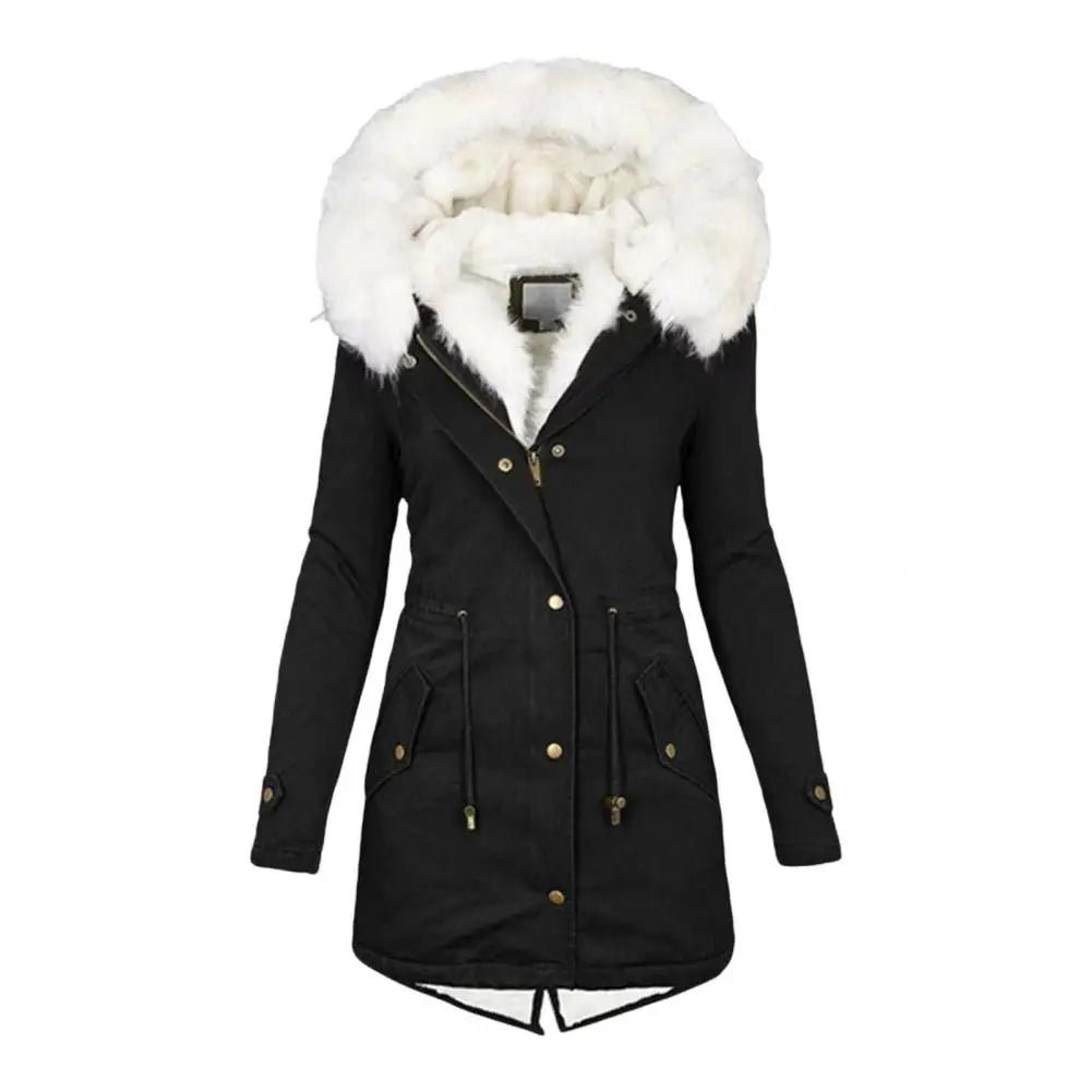 Blue women's thick cotton coat and wool jacket by Corporación Turística, showing the cozy, warm fabric and stylish design.