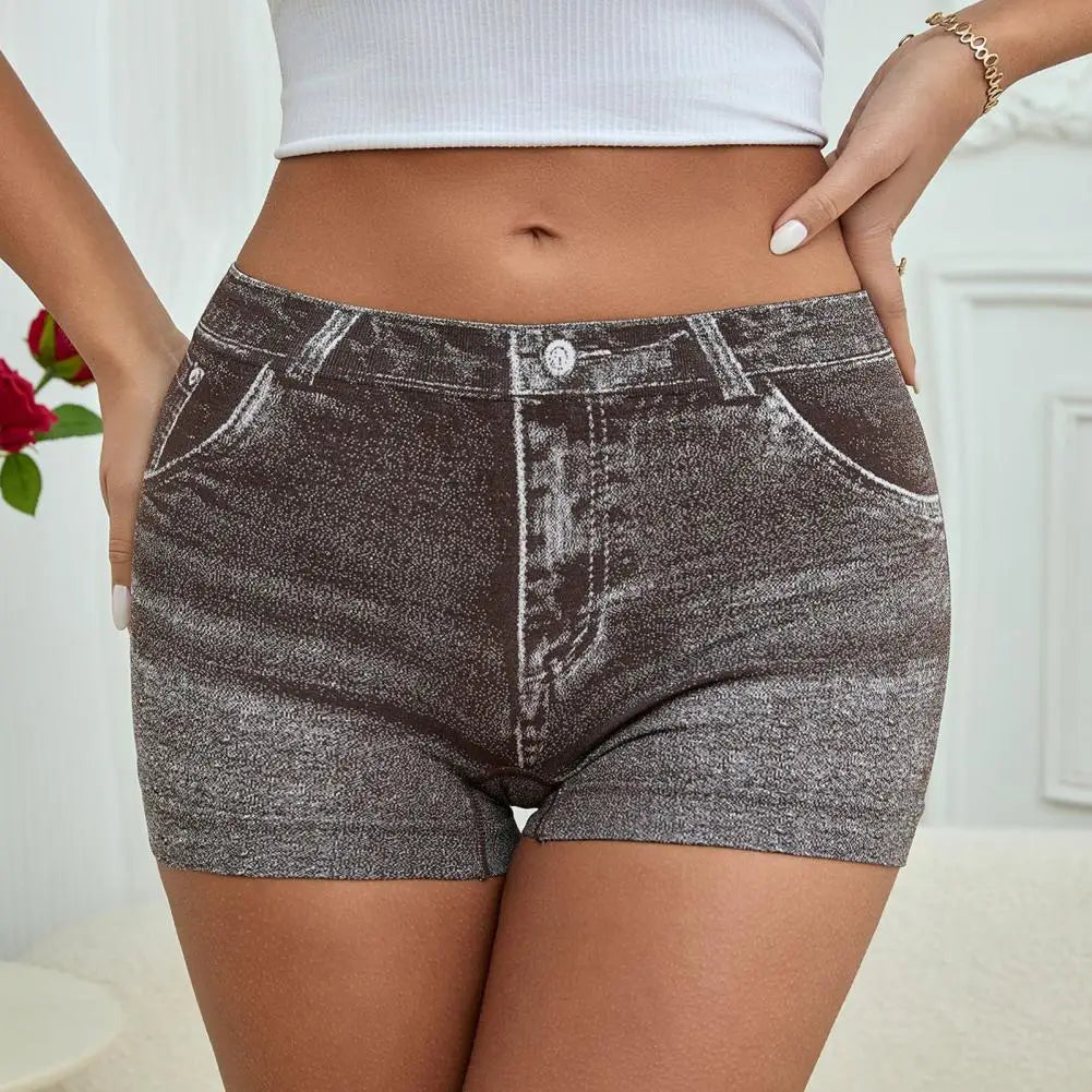 Blue denim-style imitation short leggings for women, size XXL, by Corporación Turística, shown on a model.