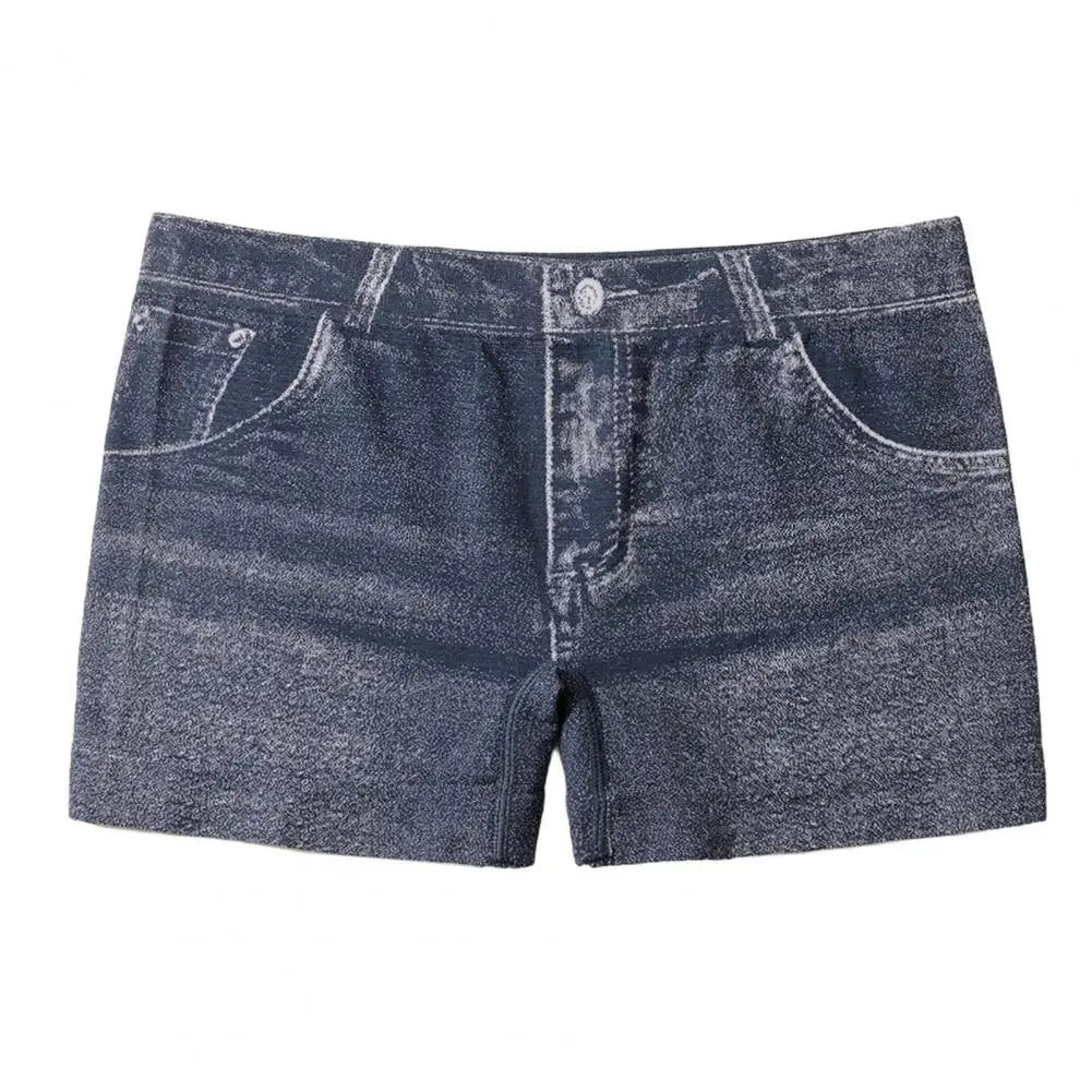 Blue denim-style imitation shorts leggings for women, from Corporación Turística, shown in XXL size with a close-up of fabric details.