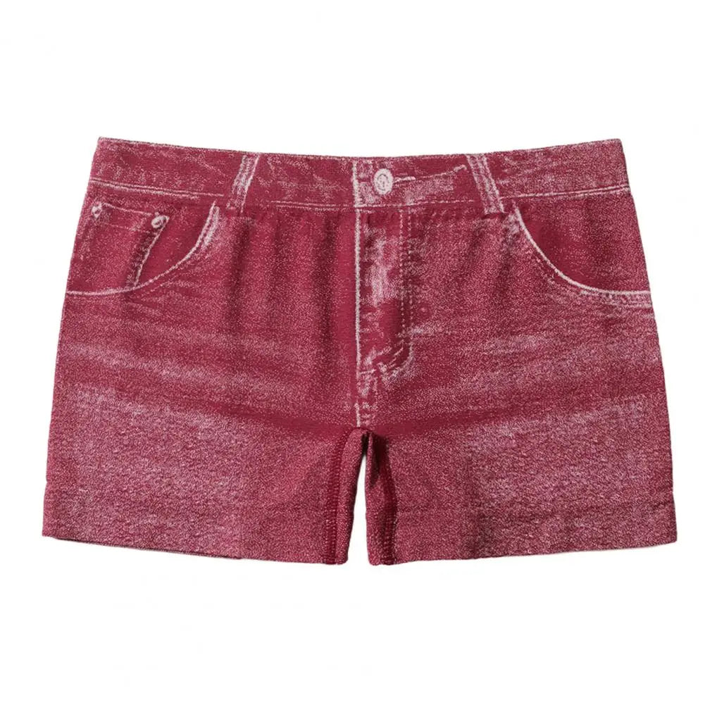 Blue denim imitation short leggings for women, shown in size XXL, featuring a close-up of the fabric and fit.