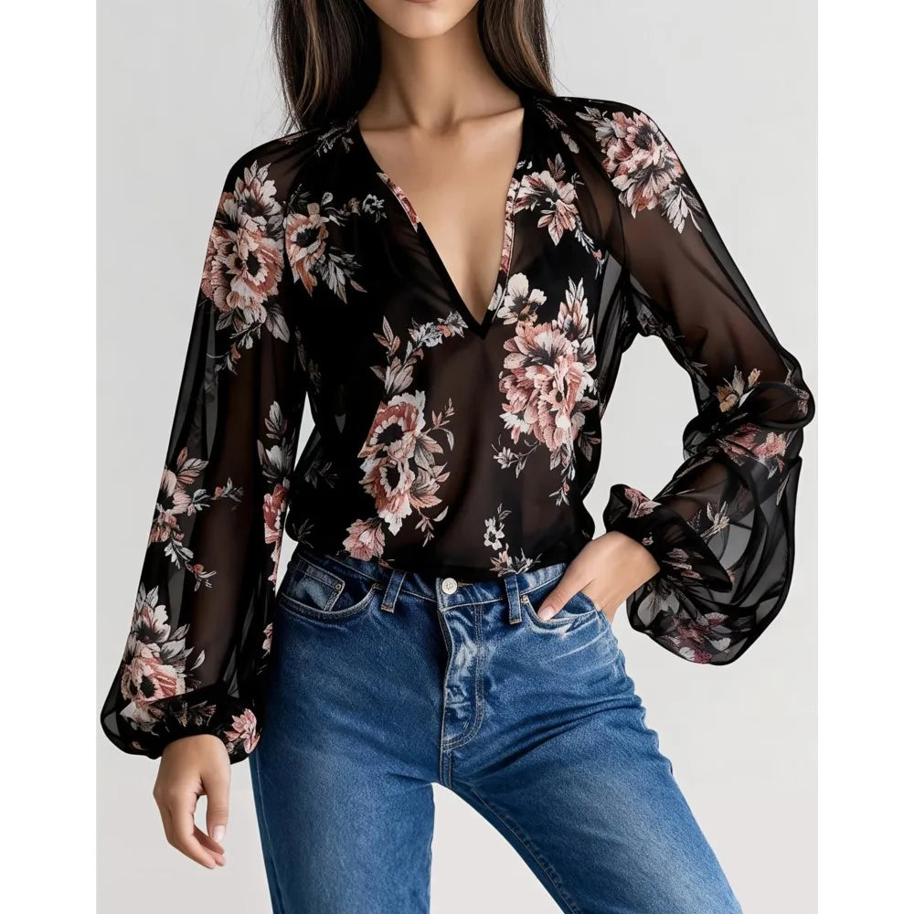 Blue sexy chiffon blouse with deep V-neck and floral print from Corporación Turística, featuring lightweight, flowy fabric.