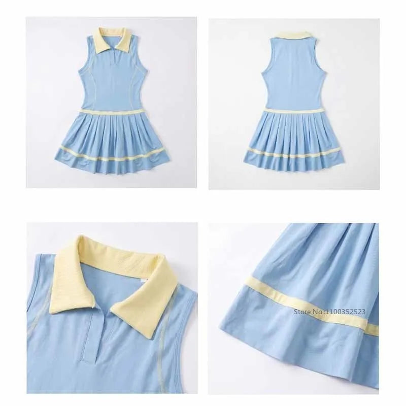 Blue retro polo dress for women by Corporación Turística, ideal for yoga, tennis, and golf activities.