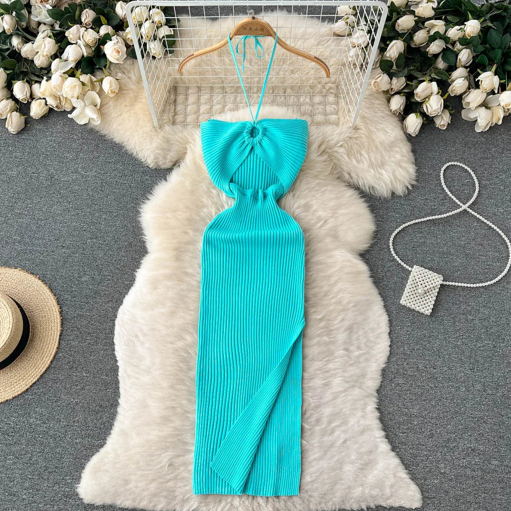 Blue YuooMuoo elegant sexy split dress with hip package design, showcasing a stylish and fashionable look.