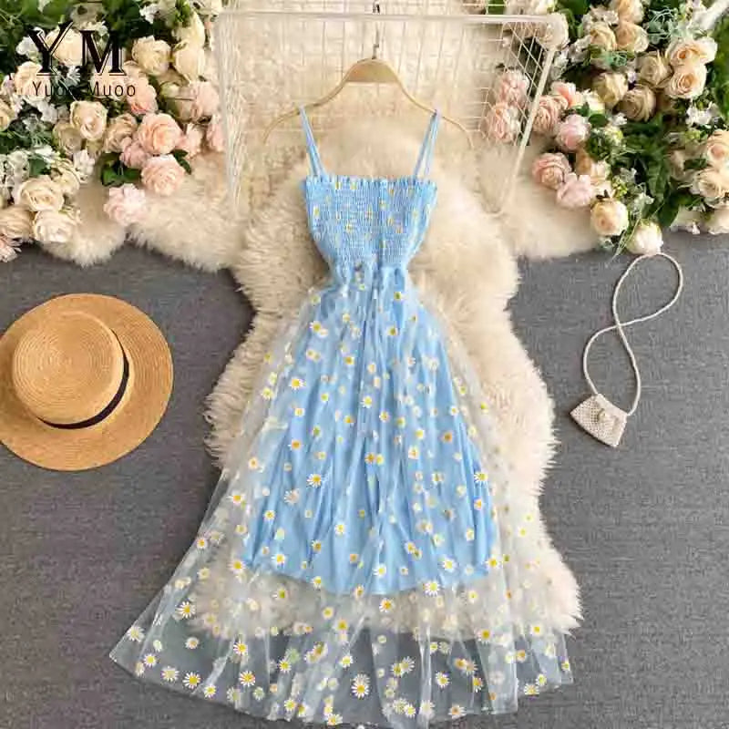 Blue YuooMuoo Korean fashion Margarita floral print dress, women's size, elegant and vibrant, suitable for casual or semi-formal wear.