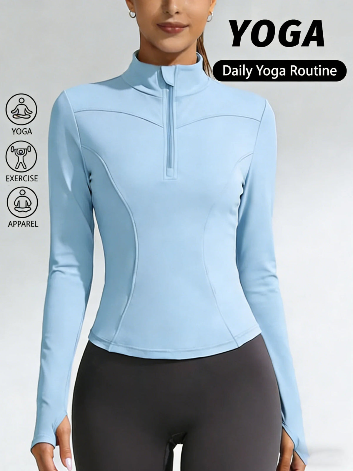 Blue women's fitted yoga sports t-shirt with short sleeves, from Corporación Turística, ideal for active wear and yoga practice.