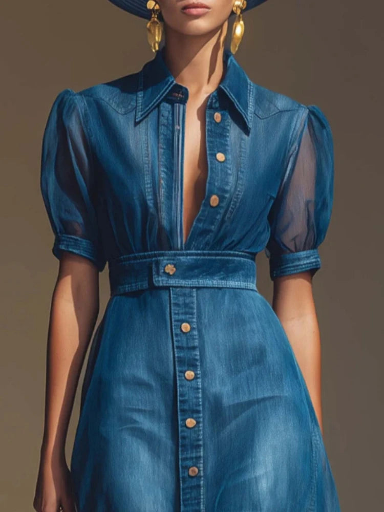 Long denim shirt dress for women with mesh detailing, blue color, from Corporación Turística.