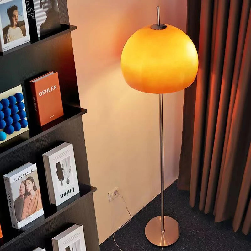 Retro crystal floor lamp with warm orange glass, LED lighting, in a stylish h-shaped design by Corporación Turística.