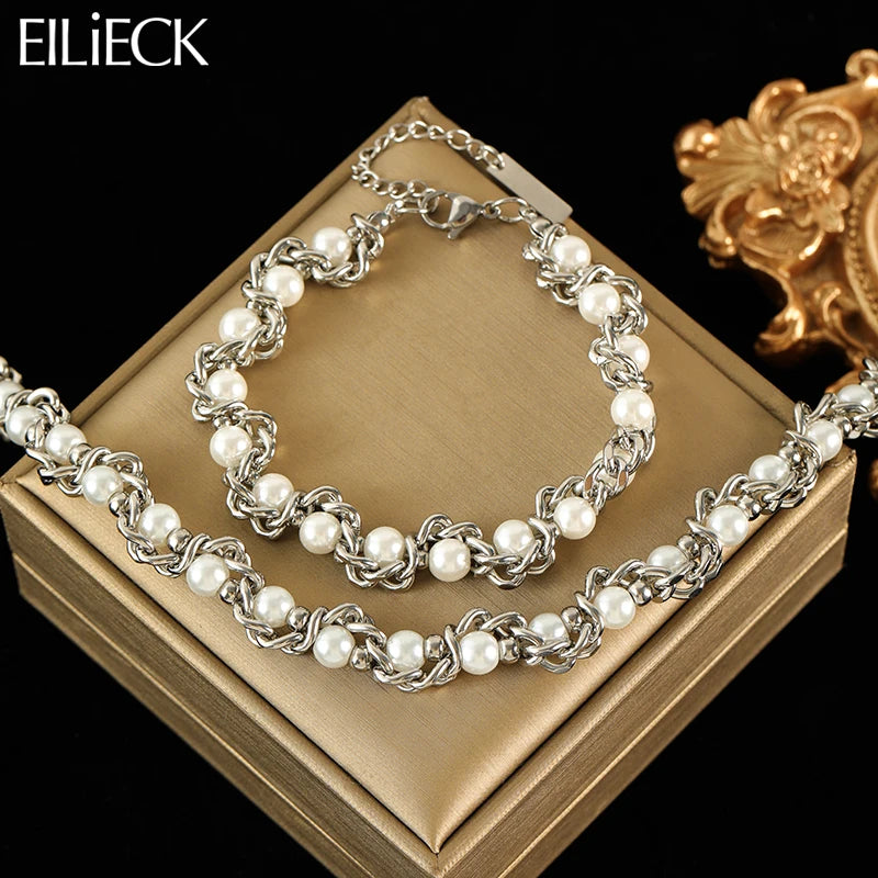 EILIECK pearl bracelet and necklace set with chain, featuring elegant white pearls, designed by Corporación Turística.