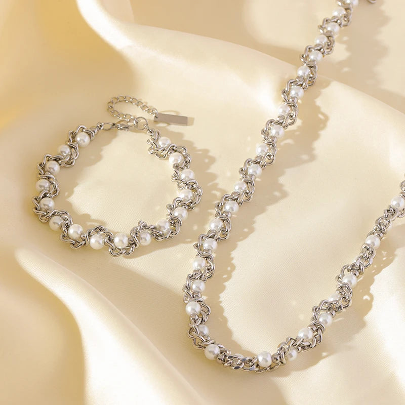 EILIECK pearl necklace and bracelet set with chain design, featuring elegant white pearls and silver accents.